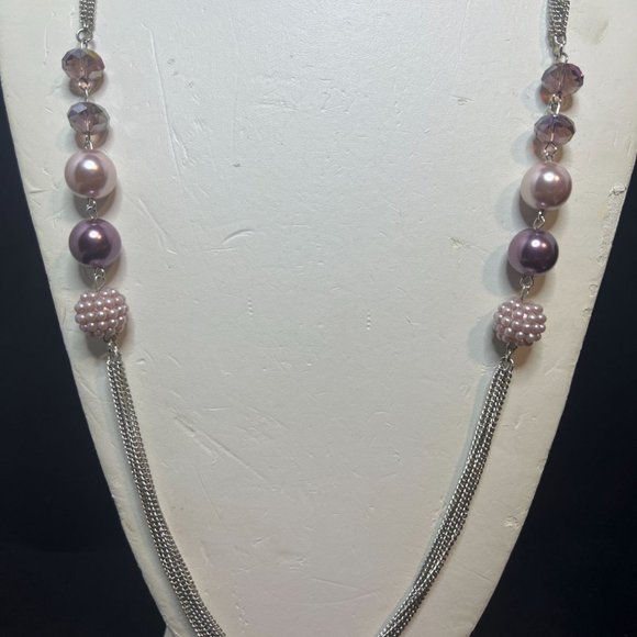 Roman Jewelry - Roman 5 Strand Silver Tone Curb Chain Necklace With Pink & Purple Beads (3908)